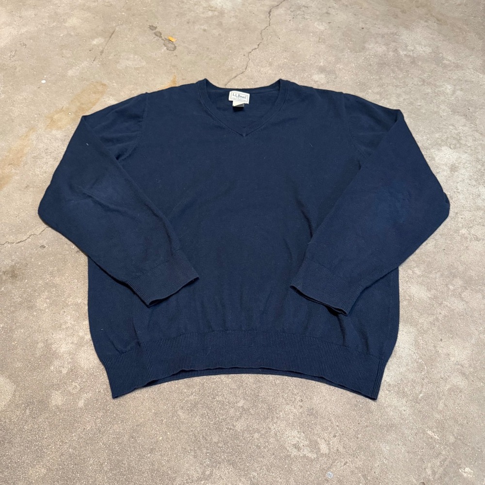 LL Bean Sweater Men L Navy Blue Cotton Cashmere V-Neck Knit 274603 - Picture 1 of 7